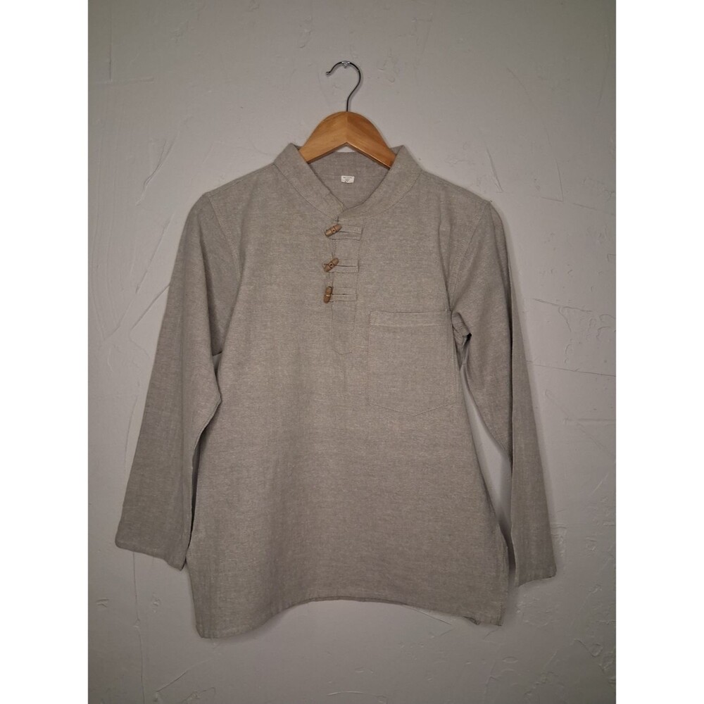 Boho Cotton Pullover Shirt Toggle Buttons Gray Long Sleeve Pocket Size Sm